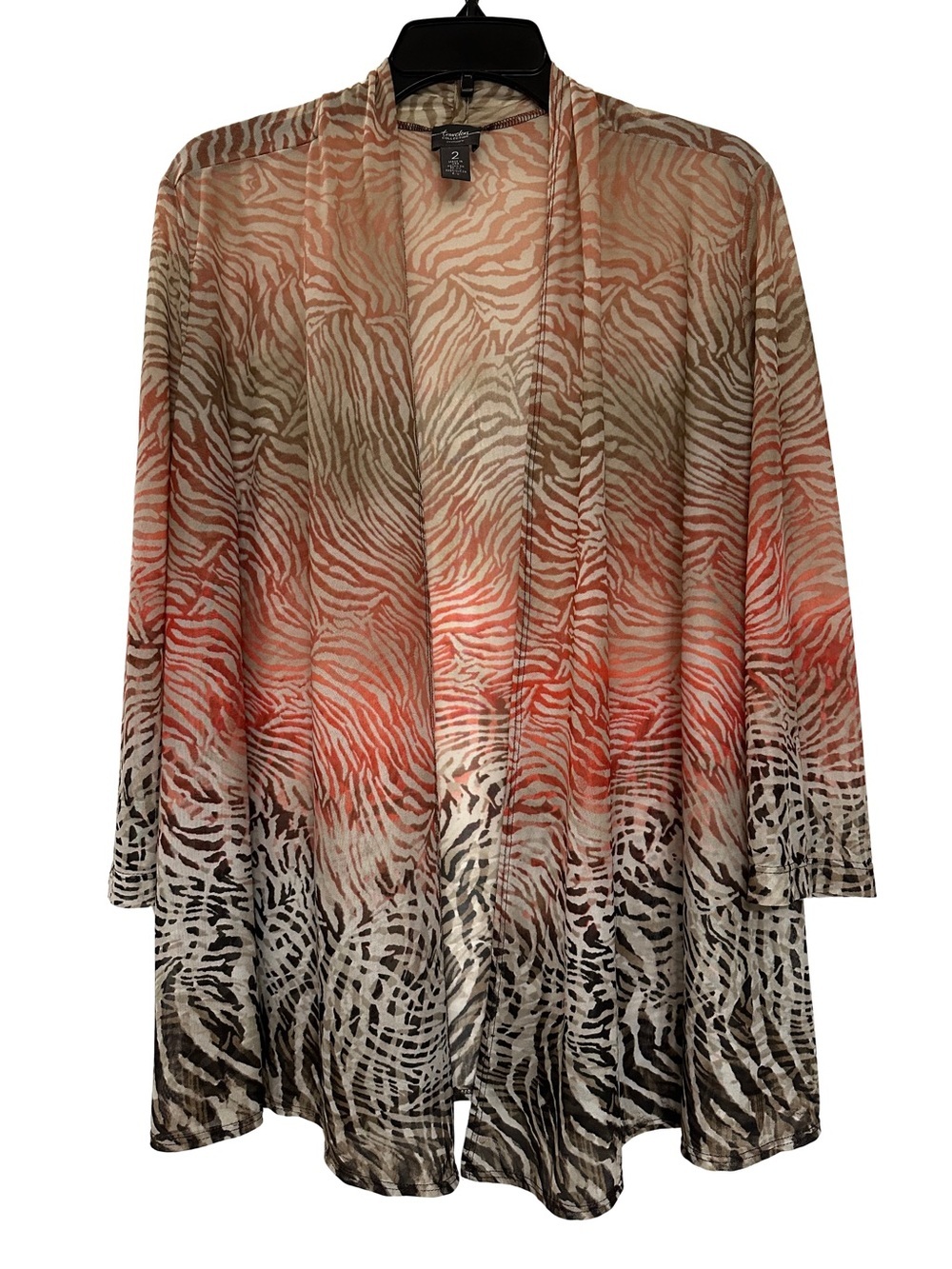 Chico's Travelers Animal Print Zebra Ombre Open Cardigan Coral Taupe Black 2 M/L